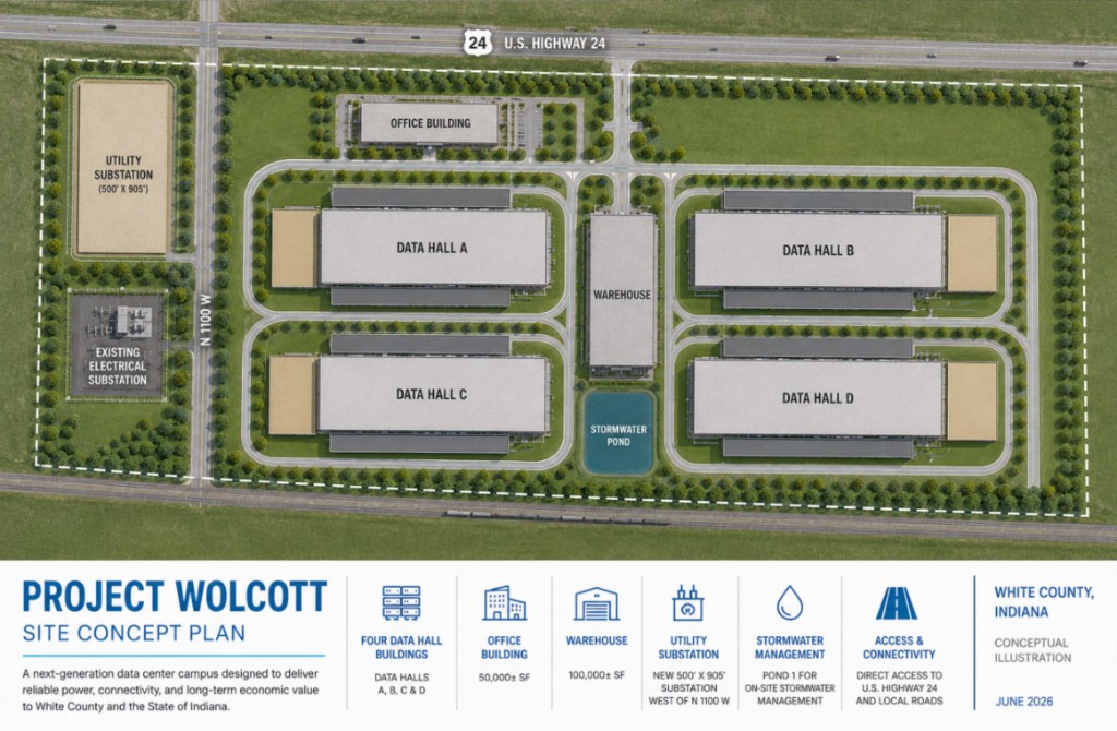 Project Wolcott site concept plan showing four data halls, office building, warehouse, stormwater pond, and utility substation near U.S. Highway 24 in White County, Indiana